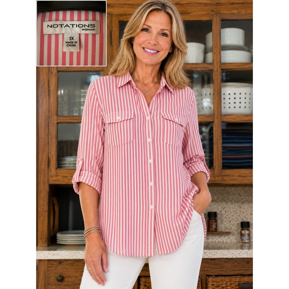 Notations Woman 1x Red White Vertical Stripe Button Front Roll Tab Blouse Plus